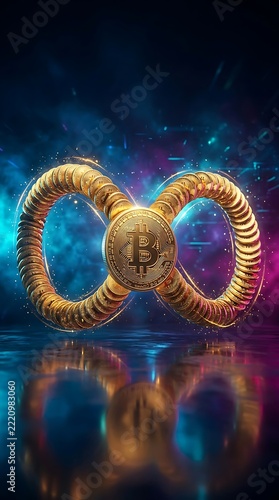 Golden bitcoin coin inside a circular loop made of many shiny gold coins