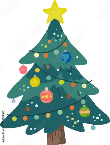 Cute hand drawn watercolor Christmas tree decorated with colorful baubles, lights string, and a yellow star.