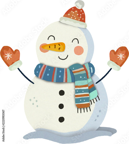 Cute Happy Snowman Wearing Red Beanie Hat, Stripe Scarf, and Winter Mittens.