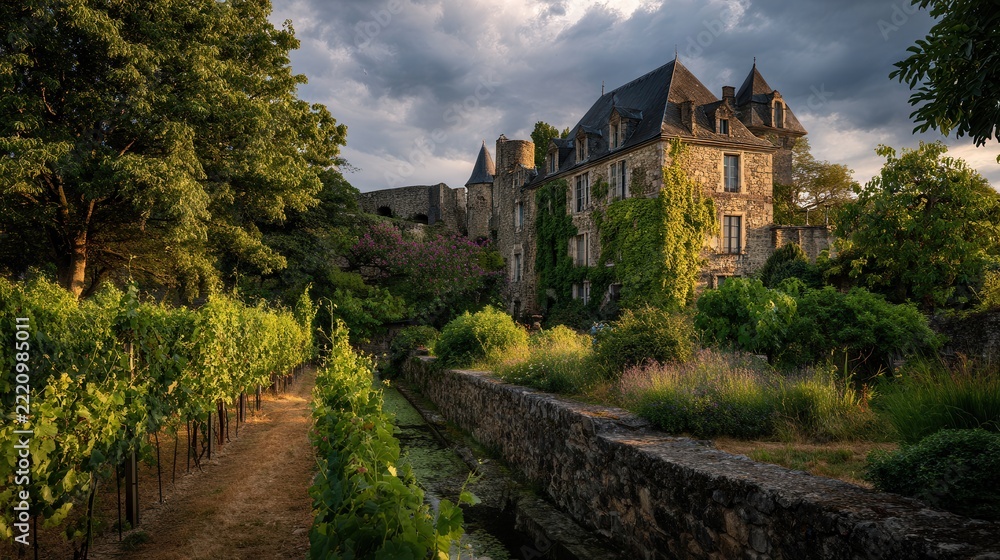 Fototapeta premium Historic stone manor beside reflective moat, vineyard rows and trimmed hedges under dusk light, with glowing mullioned windows and calm riverside estate setting