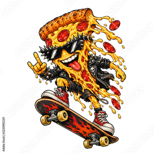 Extreme Punk Rock Pepperoni Pizza Slice Mascot Skateboarding with Melted Cheese and Spiked Sunglasses