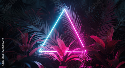Neon triangle glowing in dark tropical foliage, synthwave aesthetic with pink and blue lights, vibrant geometric frame among jungle palm leaves
