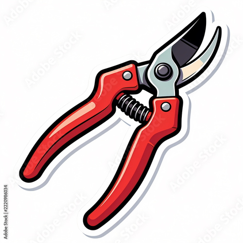 Illustration of Red Bypass Garden Pruning Shears and Secateurs for Gardening and Plant Care, Cartoon Sticker Style Vector Graphic Isolated on White Background for Farm and Yard Work