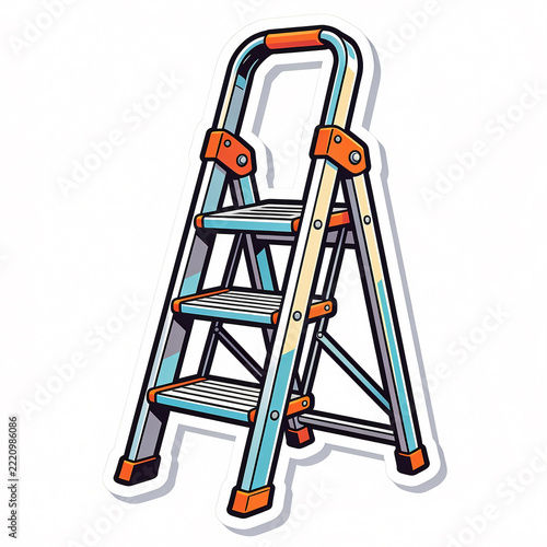 Modern metal step ladder sticker icon for home improvement and construction tools, foldable aluminum stepladder vector illustration for reaching heights, isolated on white background