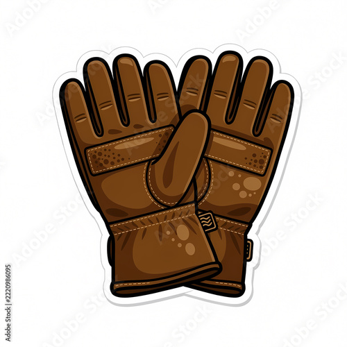 Pair of Brown Leather Winter Gloves Sticker Illustration for Outdoor Adventure, Camping, and Winter Protection Gear Isolated on White Background for Graphic Design Elements