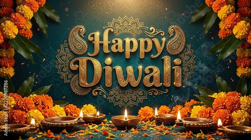 Festive happy diwali greeting with ornate lettering and glowing candlelight background