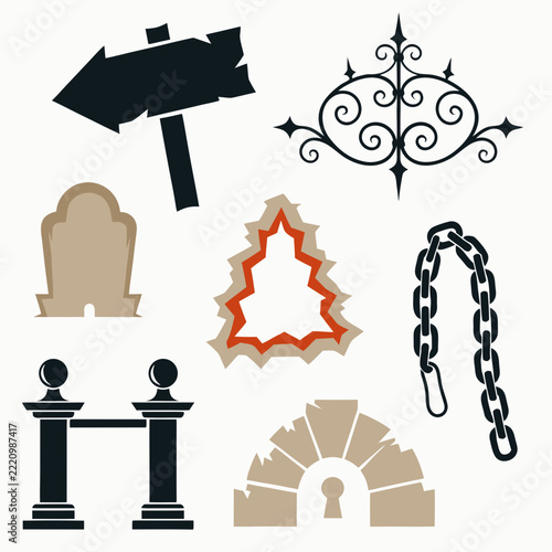 Halloween Cemetery Signage and Spooky Graveyard Vector Set with Tombstone, Chains, and Gothic Architecture Elements