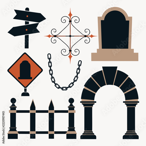 Elegant Gothic Halloween Cemetery Asset Collection featuring Grave Stones and Ornate Iron Fence