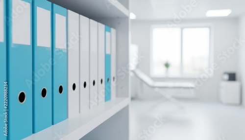 Medical Office Storage: Rows of organized blue and white binders sit on a shelf in a bright, clean medical office, with an examination table and large window visible in the blurred background.