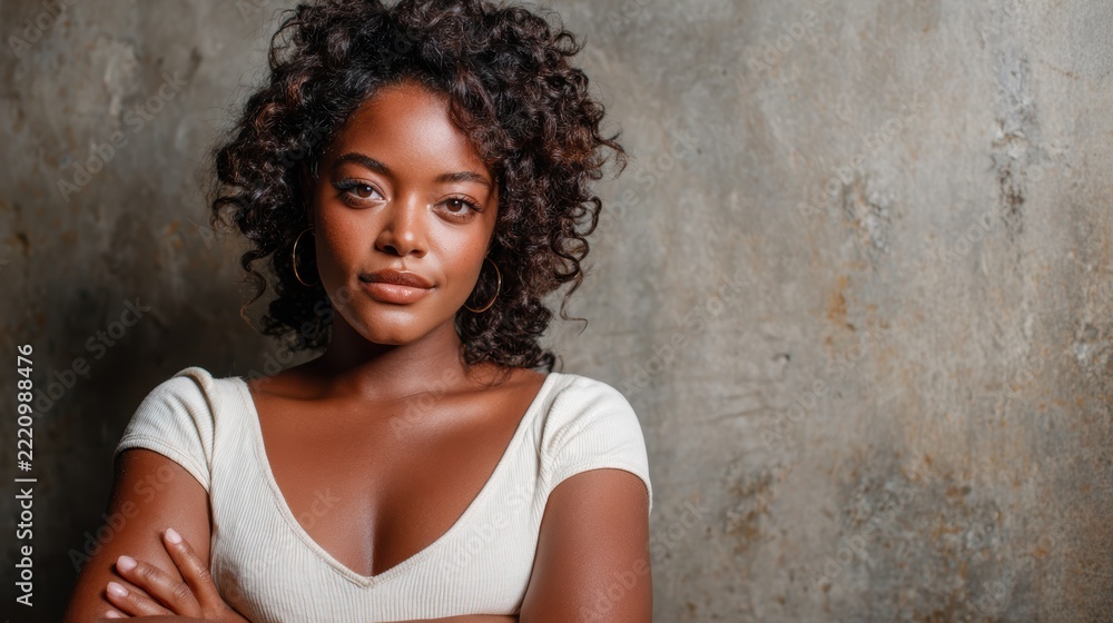 Fototapeta premium A portrait of a confident young woman with natural curls stands against a textured wall, showcasing both strength and beauty in a minimalistic yet powerful style.