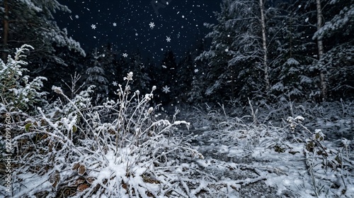Snow covered underbrush with falling snow in night forest