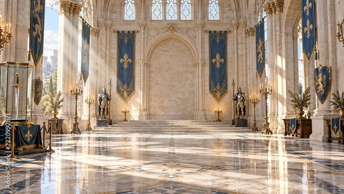 Majestic medieval throne hall with marble floor, gothic columns, blue heraldic banners with fleur-de-lis, knight armor, golden candelabras and sword display case in sunlight with copy space