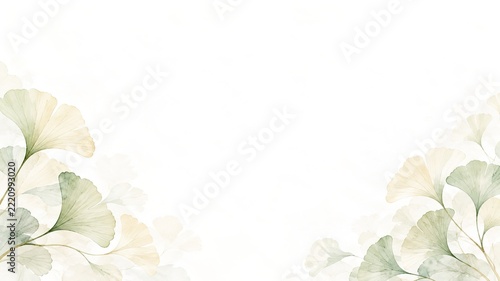 Minimalist watercolor background with delicate ginkgo leaves in soft green and beige tones in lower corners on white backdrop with copy space