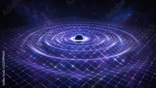 Three-dimensional gravitational wave ripples distorting flat grid plane, deep space purple and blue