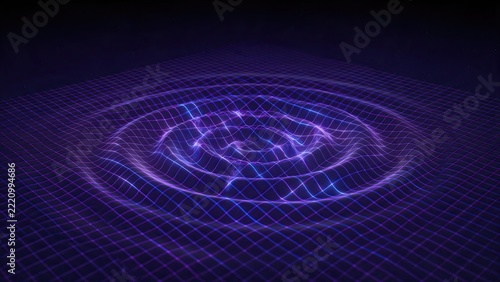 Three-dimensional gravitational wave ripples distorting flat grid plane, deep space purple and blue