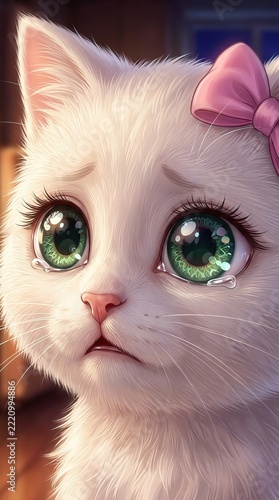White kitten close-up with green eyes and pink bow, soft fur lit by warm directional light