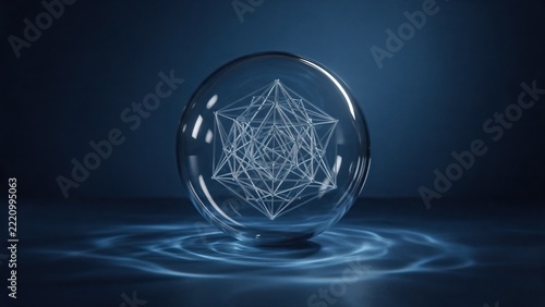 Transparent glass sphere with intricate geometric wireframe pattern inside, soft caustics, navy blue
