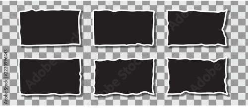 A collection of six rectangular black paper scraps with uneven torn edges isolated on a transparent background for creative design and layout