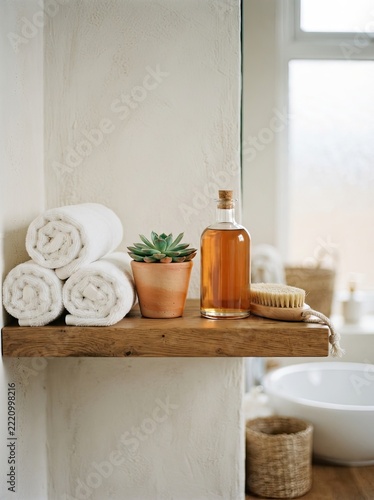 Wooden bathroom shelf with rolled white towels, succulent plant, amber glass bottle and brush in bright spa interior