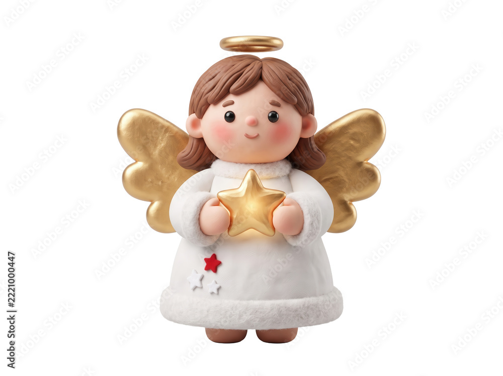 Fototapeta premium 3D angel character with golden wings and halo holding a glowing star, featuring festive Christmas spirit and divine light for holiday greeting card and seasonal marketing design.