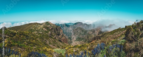 Panoramic view from top of Pico do Areeiro, at 1,818 m high, is Madeira Island's third highest peak in Madeira, Portugal.