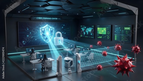 A Cybersecurity Command Center: A large glowing digital shield: Padlock icons: Analysts defending against red virus particles