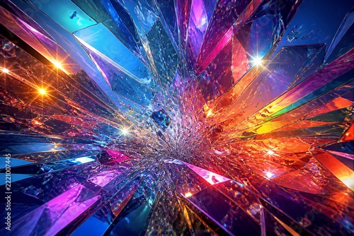 Colorful shattered glass fragments creating radial abstract display