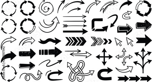A comprehensive collection of diverse arrow designs illustrating direction movement and flow in visual communication and graphic design applications