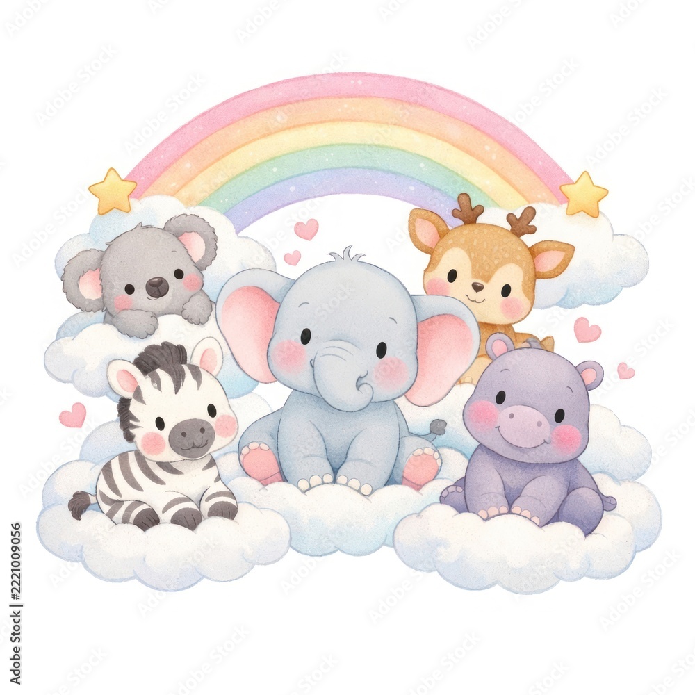 Naklejka premium Adorable animals on fluffy clouds.