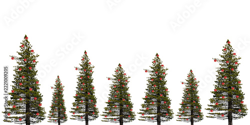 Hintergrund Weihnachten. Freigestellter Weihnachtshintergrund. Mehrere Weihnachtsbäume mit roten Kugeln, freigestellt in png