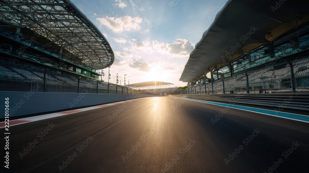 Naklejka premium Low-angle racetrack asphalt leading toward distant pit grandstand under dramatic sunset sky with reflective wet surface and empty starting grid, with racetrack, asphalt, pit, grandstand detail