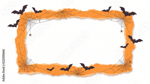 Halloween Orange Torn Paper Frame with Spider Webs and Bats, Abstract Vector Illustration Isolated on White Background