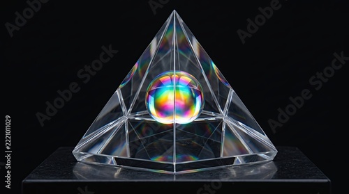 Glass pyramid encasing a colorful refracting sphere sits on a dark pedestal.