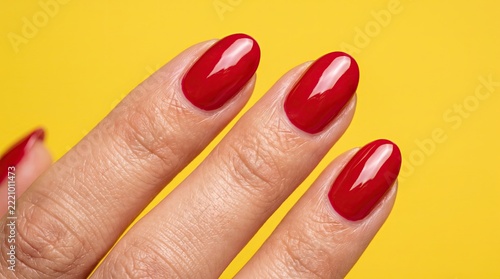 Fingernails with glossy red nail polish displayed against a solid yellow backdrop.