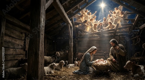 Baby Jesus lying peacefully in a humble manger filled with fresh straw inside a rustic Bethlehem stable, Mary and Joseph kneeling nearby with serene happiness, gentle sheep, lambs, small goats and a y