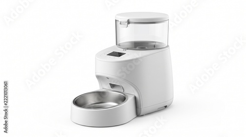 Automatic pet feeder isolated on white background, smart electronic dog food dispenser, modern cat feeding machine with stainless steel bowl
