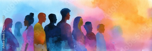 Watercolor silhouettes of diverse people standing together in overlapping colorful washes with soft edges, forming balanced horizontal composition for community and inclusion themes