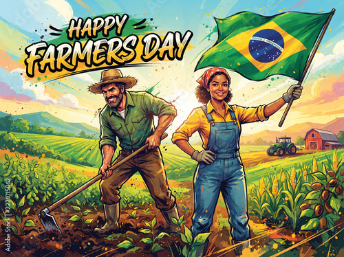 Proud Brazilian Woman Farmer Working in Agriculture with Brazil Flag, Colorful Brushstroke Vector Illustration for Happy Farmers Day