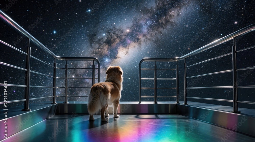 Fototapeta premium Golden retriever dog stands on modern balcony looking at Milky Way galaxy in night sky. Pet watches bright stars, cosmic nebula from home terrace. Dreamy space view with universe scenery,