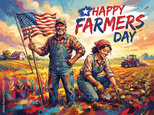 American Woman Farmer Working in Agriculture with USA Flag, Colorful Abstract Brushstroke Vector Illustration for National Farmers Day