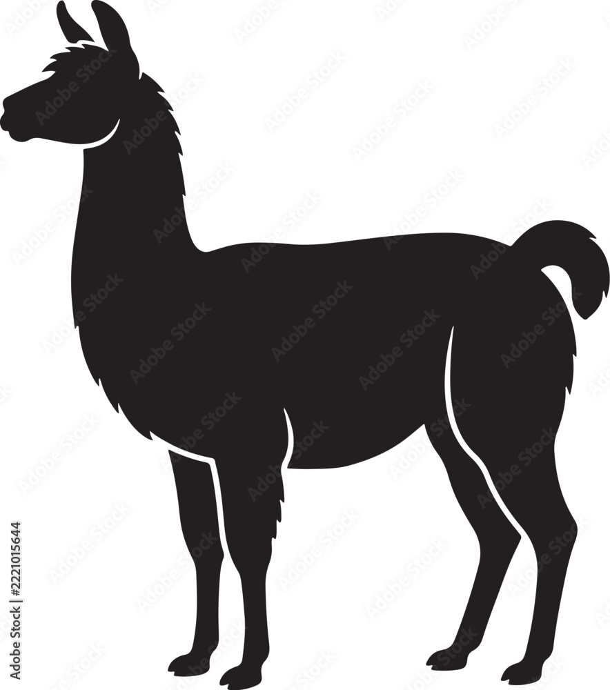 Fototapeta premium Black silhouette of a standing llama in profile view, isolated on a white background, al alpaca animal