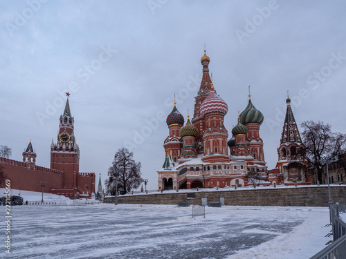 7 February 2026 Russia Moscow Red Square with Spasskaya Tower and Saint Basil's Cathedral covered in snow during winter