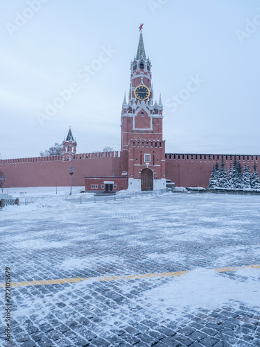 7 February 2026 Russia Moscow Spasskaya Tower of the Moscow Kremlin covered in snow during winter