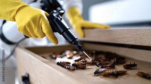 Professional pest control worker wearing yellow protective gloves and uniform, spraying insecticide on dead cockroaches inside a wooden kitchen drawer during an extermination service