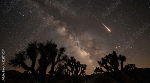 Joshua tree silhouettes outline the desert horizon under a starry Milky Way with a meteor streak.