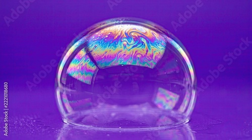 Soap bubble with iridescent colorful reflections sits on a surface against a purple background.