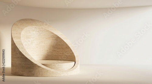 Minimalist beige travertine stone podium for product display in a