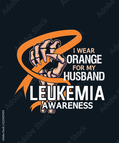 Orange ribbon leukemia awareness graphic featuring a skeleton hand holding supportive message.