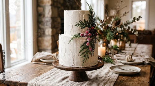 Two tier white frosted cake decorated with cedar branches and berries