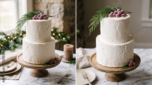 Two tier white buttercream cake decorated with sugared cranberries